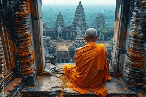 Monk meditating with a view of ancient temples photo