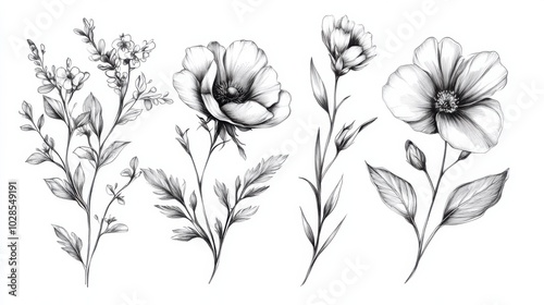 Wallpaper Mural A set of wildflowers and leaves in a tattoo design, sketched in black and white engraving with scratchboard-style detailing for an organic feel. Torontodigital.ca