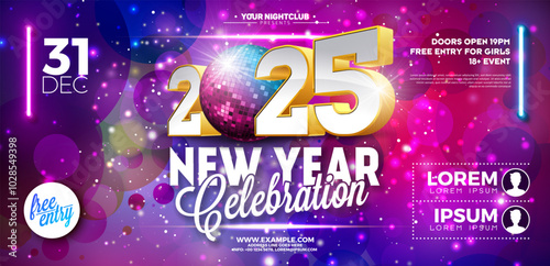 Happy New Year 2025 Party Banner Template Illustration with Shiny Disco Ball and 3d Typography Lettering on Colorful Background. Vector New Year Eve Holiday Celebration Design. Premium Invitation