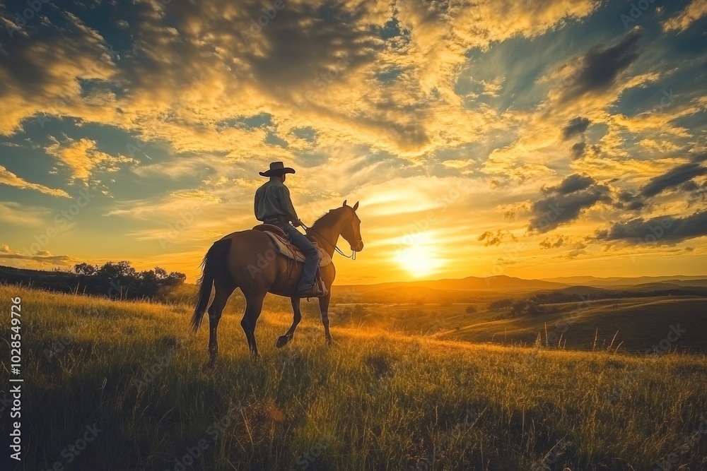 Cowboy Riding Horse at Sunset in Nature Landscape Cowboy Riding Horse at Sunset in Nature Landscape