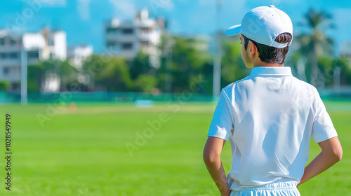 young cricket player in uniform stands on field, gazing into distance, embodying determination and focus. vibrant green grass and clear sky create inspiring backdrop