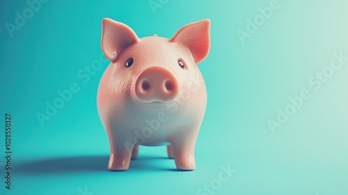 A cute piggy bank in the shape of a pink pig, sitting on a bright blue background, ready to save money for future goals.