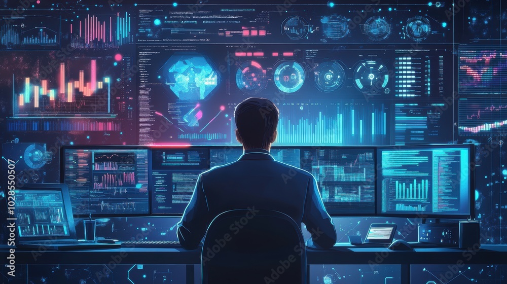 Data science and big data technology. Scientist computing, analyzing and visualizing complex data set on computer. Data mining, artificial intelligence, machine learning, business analytics.