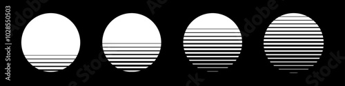 Set of suns made of striped halftone gradient lines texture. Fading horizontal stripes gradation background from thin to thick. White circles halftone pattern isolated on white vector illustration.
