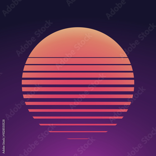 Sun made of striped halftone gradient lines texture. Fading horizontal stripes gradation background from thin to thick. Red circle halftone parallel pattern isolated on purple vector illustration.