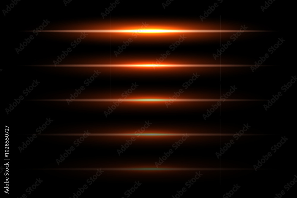 Neon light laser orange lines with flash effect. Abstract night electric beams, fluorescent led light rays. Modern futuristic vector collection isolated on black background.