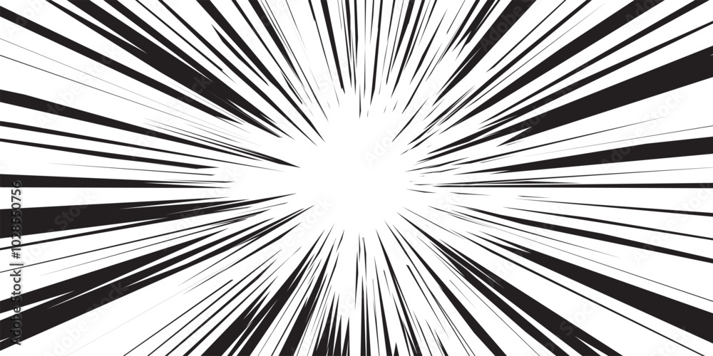 Manga background. Comic anime black lines on white. Fast speed lines movement effect frame. Superhero action. Horizontal vector illustration.