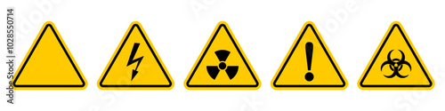 Hazard signs. Danger alert yellow triangle traffic marks vector set. Caution, attention, warning, electric, radiation, bio signs icons.