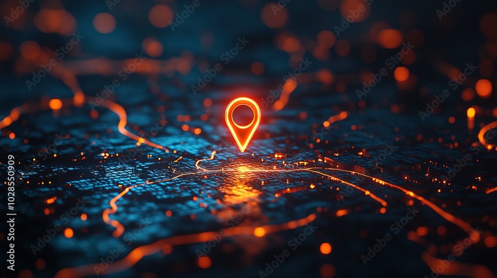 Glowing Pin location on Car traveling map technology Glowing Pin location on Car traveling map technology