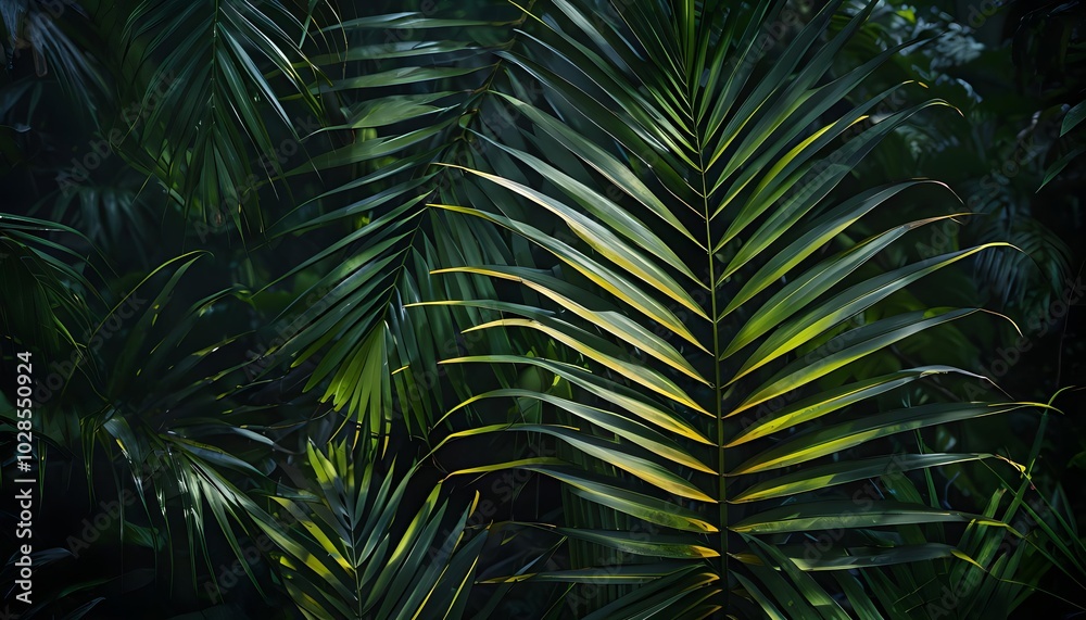 Lush tropical palm leaves with sunlight, green nature background, eco-themed wallpaper