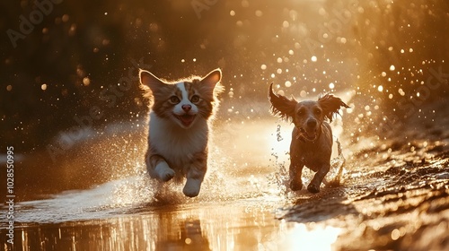 Dog and cat on the beach, running playing together, sunset tropical ocean summer day background. Cute puppy and kitten friendship, creative funny animal pet character holiday maker modern digital art