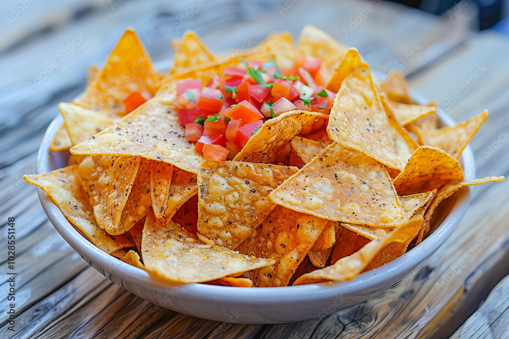 Bowl of crunchy tortilla chips topped with salsa celebrating national nachos day Bowl of crunchy tortilla chips topped with salsa celebrating national nachos day