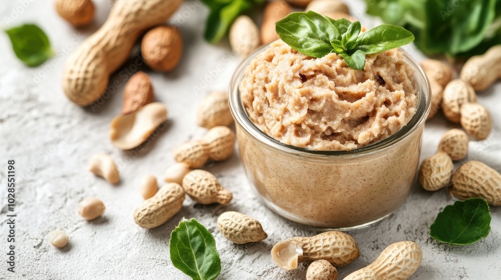 A glass jar filled with creamy peanut paste, beautifully styled with a spoon on a light background A glass jar filled with creamy peanut paste, beautifully styled with a spoon on a light background