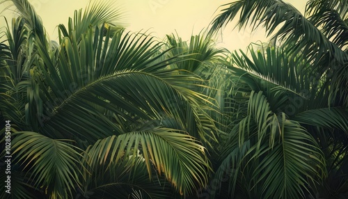 Dense green palm leaves in sunlight, natural texture background, tropical setting