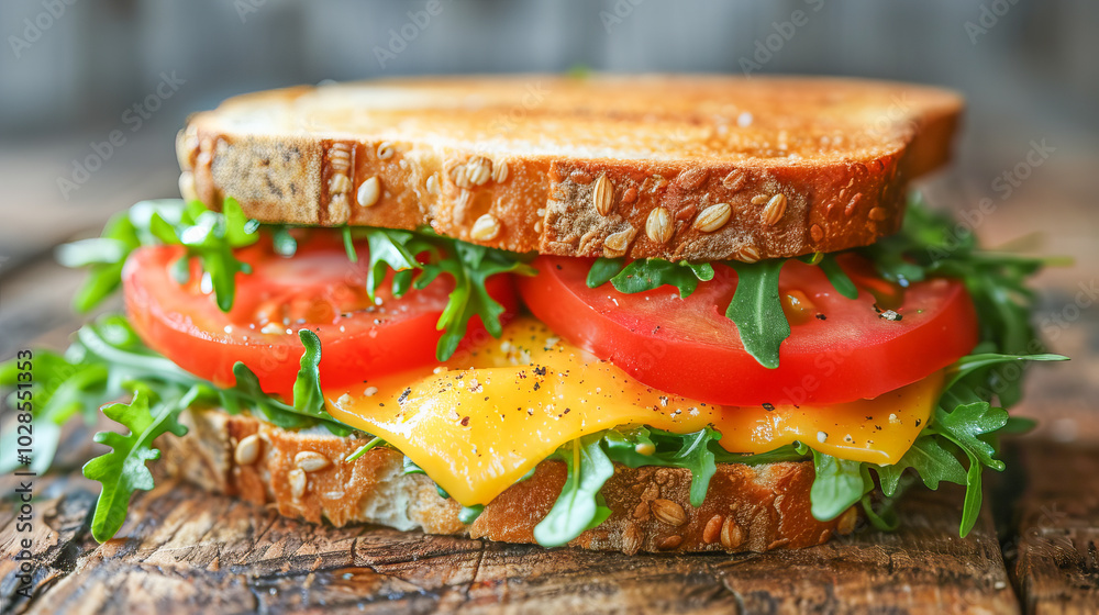 Toasted sandwich with cheese, tomato and arugula being presented on a wooden table Toasted sandwich with cheese, tomato and arugula being presented on a wooden table