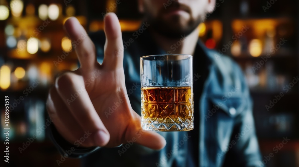man refuses say no and avoid to drink an alcohol whiskey , stopping hand sign male, alcoholism treatment, alcohol addiction, quit booze, Stop Drinking Alcohol. Refuse Glass liquor, unhealthy, reject