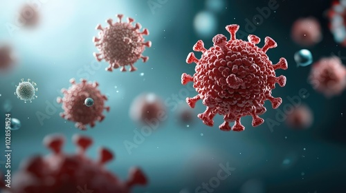 Microscopic view of viruses in a detailed and colorful rendering.