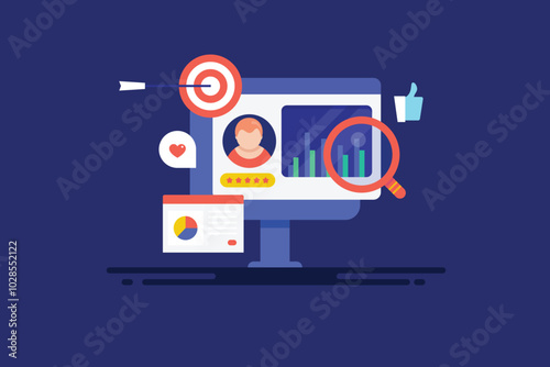 Audience demographic analysis, digital ad targeting strategy e-business sales campaign insights, social media and search paid marketing concept, vector illustration.