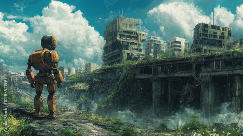 A Robot Exploring a Ruined and Overgrown City