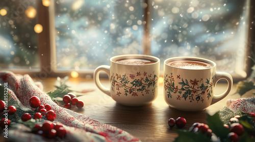 Winter Pair of Mugs Background Wallpaper photo