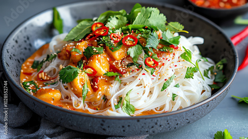 Delicious rice noodles with vegetables and herbs in a black bowl.