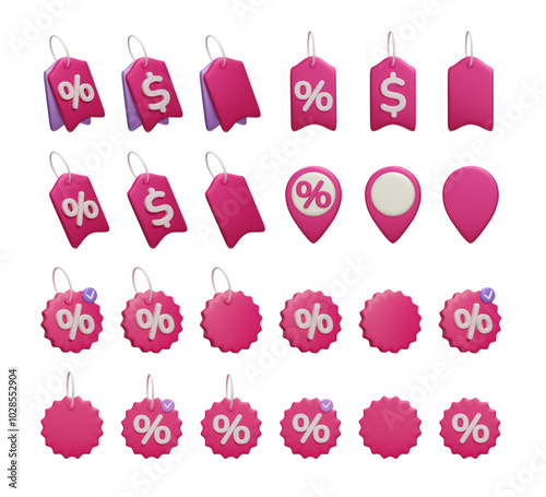Big bundle of pink 3D discount price tags icon set. Promotion special offer label, dollar price tag, discount voucher, percent sign sale shopping sticker 3d render vector illustration collection.