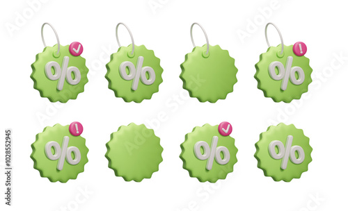 Green 3d promotion special offer discount price tag icon set. Percent sign stickers with notification icon. Online shopping, promo discount tag, sale sign 3d vector render collection.