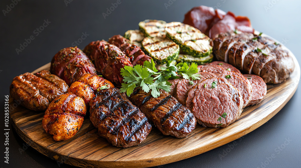 Grilled assorted meats on a wooden platter with greens, isolated on a dark background. Grilled assorted meats on a wooden platter with greens, isolated on a dark background.