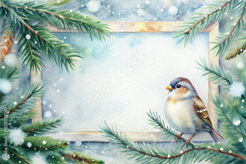 A small bird sits nestled among pine branches adorned with snow, creating a serene winter scene