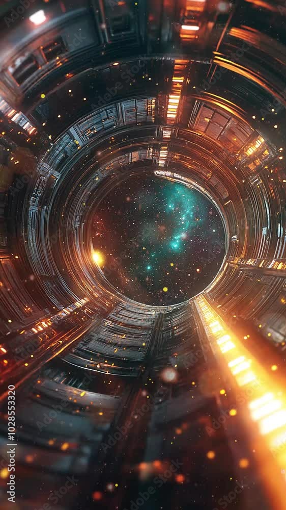 Futuristic Space Tunnel With Stars And Light Effects. Vibrant lights and glowing embers, evoking a sense of wonder and exploration Background. Seamless looping motion design. Video animation