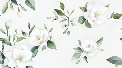 Elegant floral pattern featuring white magnolia blooms and lush green leaves on a soft background, perfect for beauty and serenity.