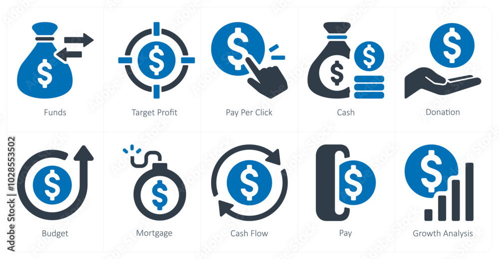 A set of 10 finance and money icons as funds, target profit, pay per click, A set of 10 finance and money icons as funds, target profit, pay per click,