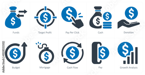 A set of 10 finance and money icons as funds, target profit, pay per click,