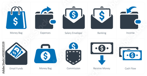 A set of 10 finance and money icons as money bag, expenses, salary envelope