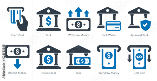 A set of 10 finance and money icons as insert card, bank, withdraw money