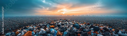 A panoramic view of a landfill at sunset, highlighting environmental issues and waste accumulation.