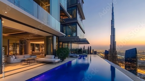 Modern luxury architecture in Dubai, stylish penthouse apartment with large balcony and swimming pool, scenic of city skyline with skyscraper at sunset, landmark iconic tower background. 3d modern art