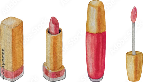 Vector lipstick and lip gloss isolated on white background. Hand drawn watercolor illustration, for your design