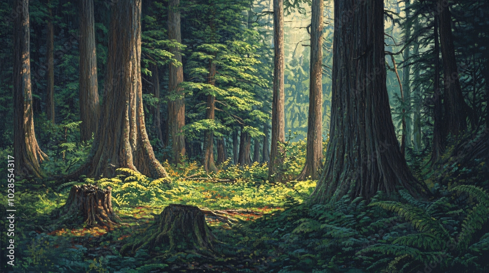 An old-growth forest with towering trees and rich undergrowth, full of life. An old-growth forest with towering trees and rich undergrowth, full of life.
