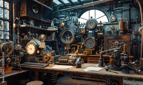 Intricate steampunk machinery in a retro-futuristic workshop, 4K hyperrealistic photo.