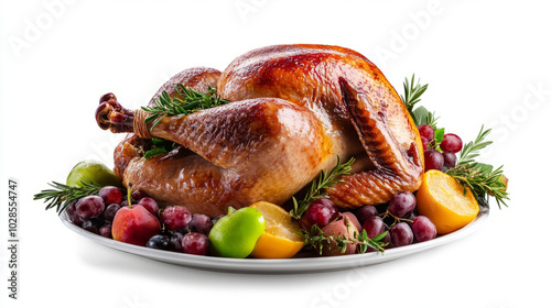  roasted turkey with fruits and vegetables on a platter, isolated on a white background. 