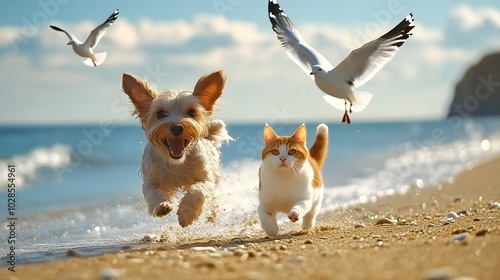 Dog and cat on the beach, running playing together, sunset tropical ocean summer day background. Cute puppy and kitten friendship, creative funny animal pet character holiday maker modern digital art