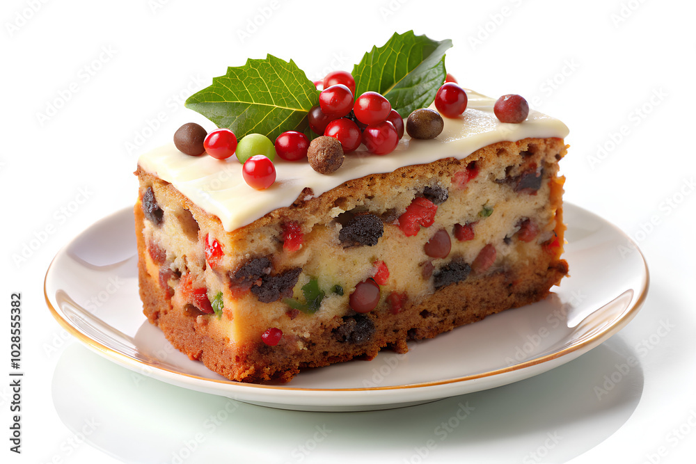 Piece of Christmas fruit cake in plate, on isolated white background