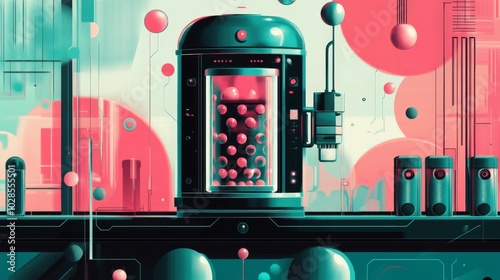 1960s scifi inspired bubble tea machine concept atomic age design limited teal and pink color palette photo