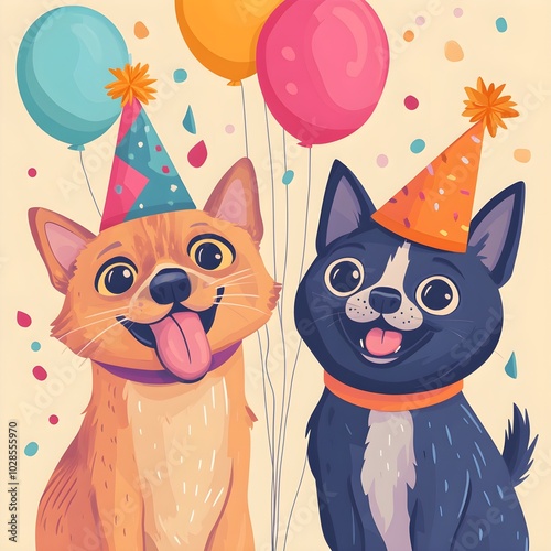 joyful pets new year banner, flat design, top view, dog and cat enjoying party hats and balloons on ethereal background, party theme, cartoon drawing, Triadic Color Scheme  photo