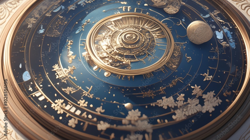 Obraz premium An ornate celestial mechanism is intricately crafted in a universe-inspired design, combining elements of astrology and cosmic mysticism with artistic elegance.