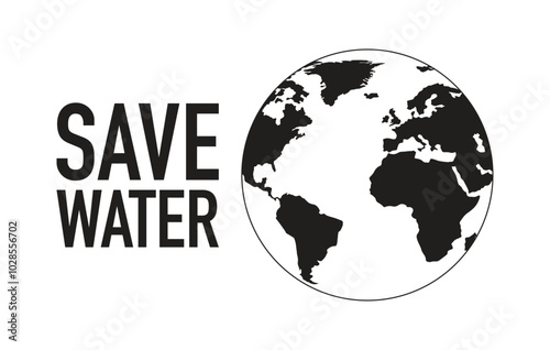 A black-and-white illustration of the Earth with the inscription 'Save Water', a symbol of water protection.