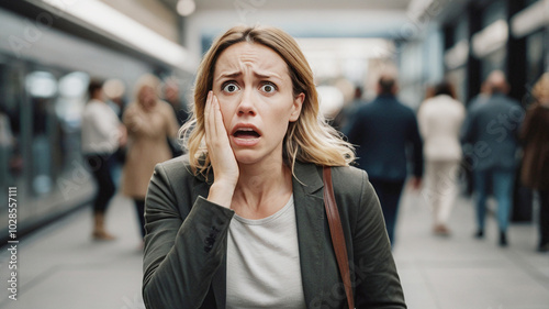 A young woman is having a panic attack in a public place due to a social phobia, she is among other people which makes her extremely nervous