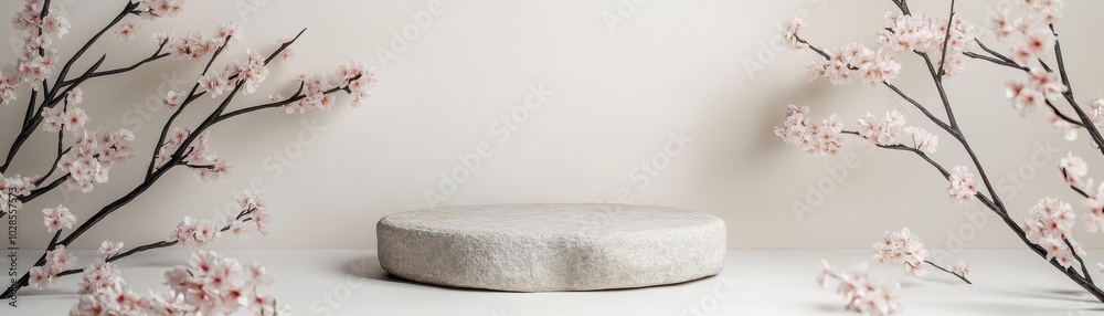 Stone podium with delicate cherry blossom branches. Stone podium with delicate cherry blossom branches.