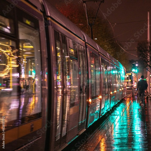 Photography Night shot of Dublin with Luas tram on rainy evening